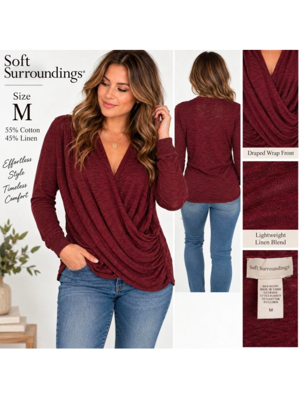 Soft Surroundings Medium Burgundy Linen Cotton Draped Wrap Front Sweater
